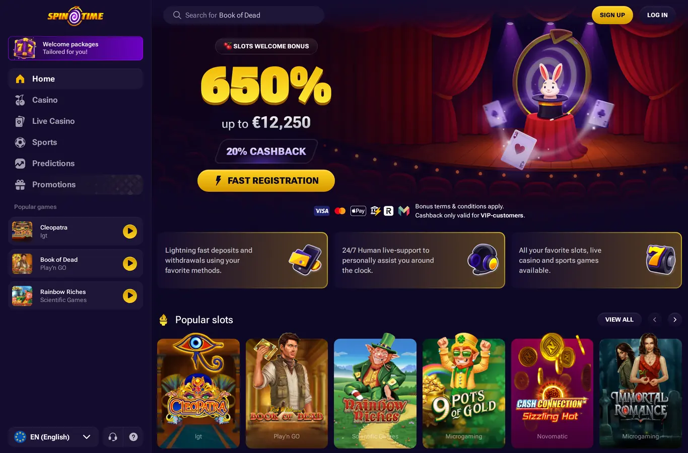 Spintime - Casino lobby and welcome offer